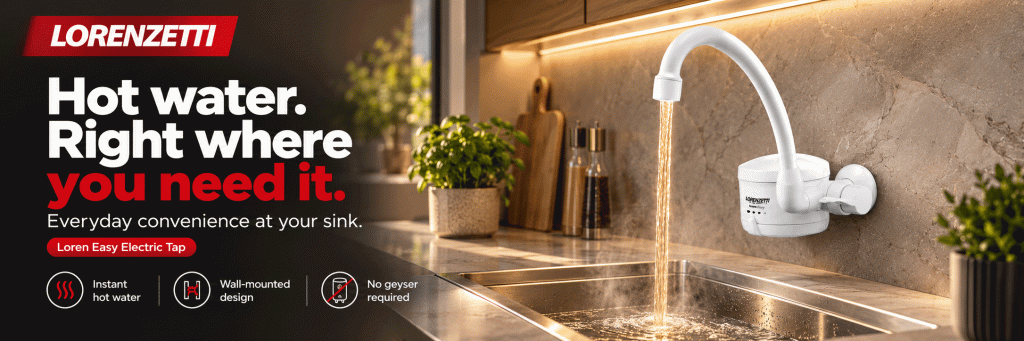 White Lorenzetti Loren Easy electric tap dispensing hot water over a stainless steel kitchen sink, beside the headline “Hot water. Right where you need it.
